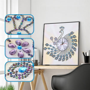 DIY Peafowl Special Shaped Diamond Painting Cross Stitch Clock Home Decor