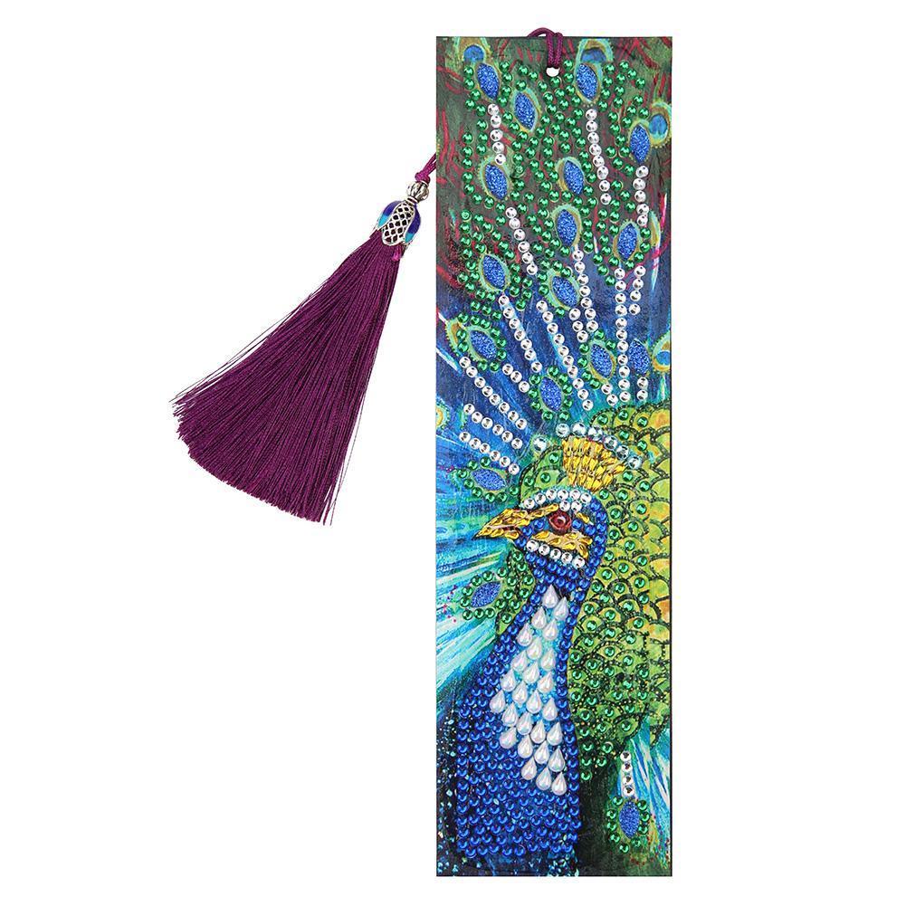 DIY Peafowl Special Shaped Diamond Painting Leather Tassel Bookmark Gift