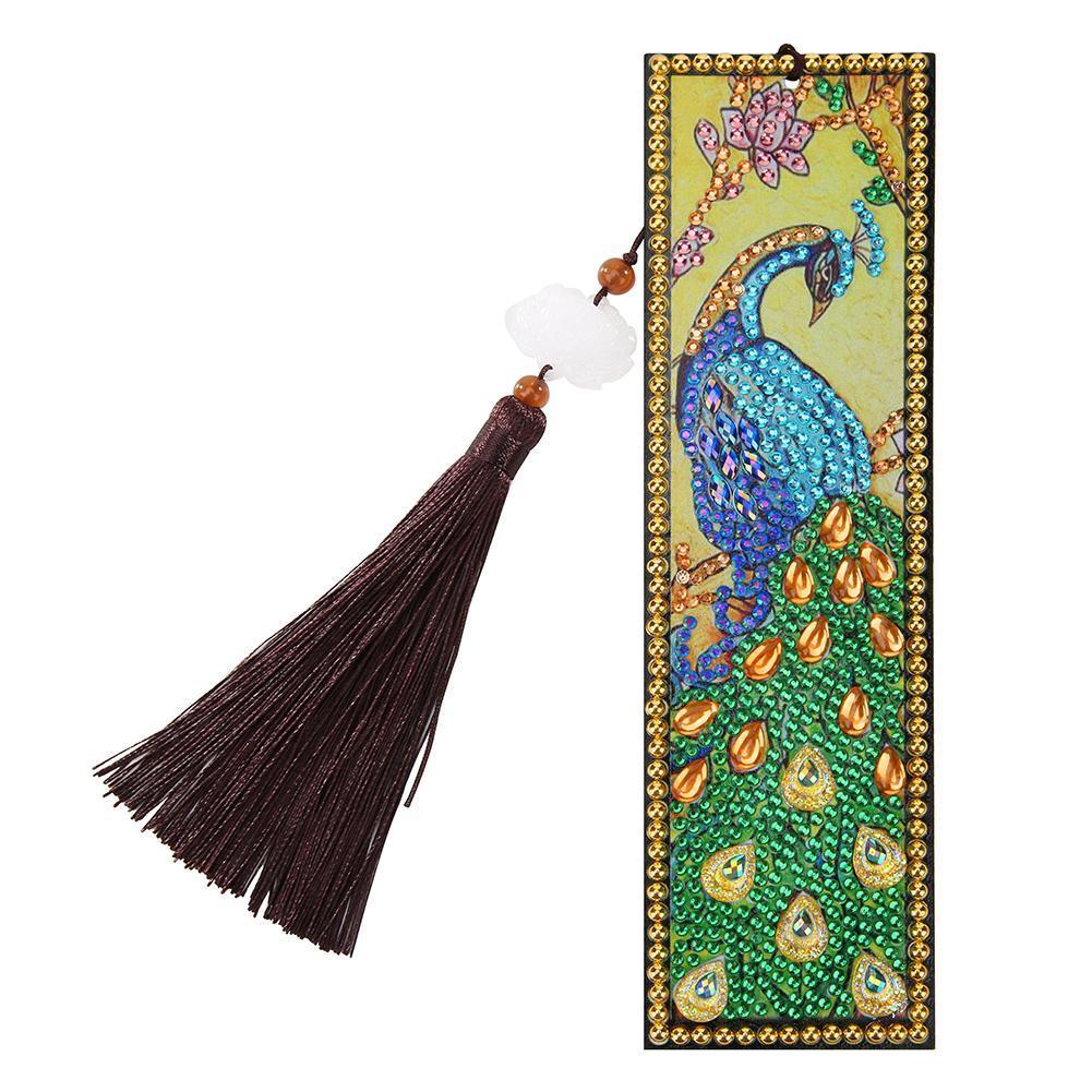 DIY Peafowl Special Shaped Diamond Painting Leather Tassel Bookmark Gift