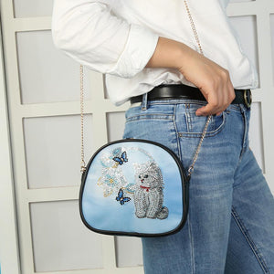 DIY Cat Special Shaped Diamond Painting Women Leather Chain Crossbody Bags