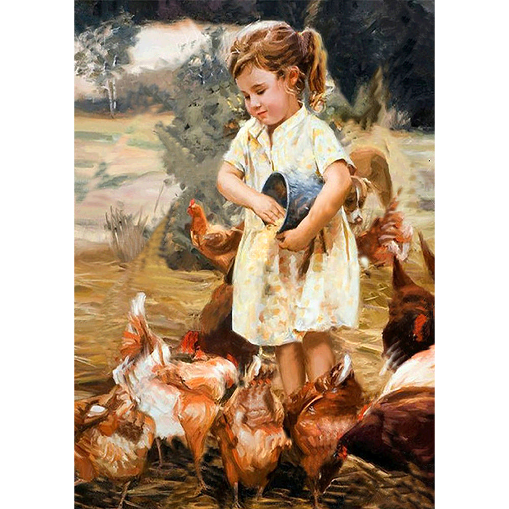 Girl Feeding Chicken 30x40cm(canvas) full round drill diamond painting