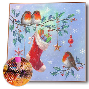 Birds Christmas Stockings 30x30cm(canvas) full round drill diamond painting