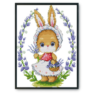 Bunny & Flowers 14CT Stamped Cross Stitch Kit 28x22cm(canvas)