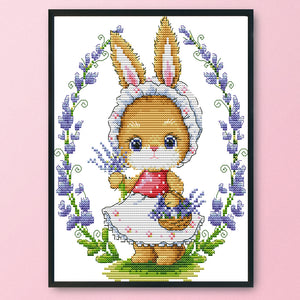 Bunny & Flowers 14CT Stamped Cross Stitch Kit 28x22cm(canvas)