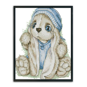 Blue Hat Rabbit 14CT Stamped Cross Stitch Kit 20x17cm(canvas)