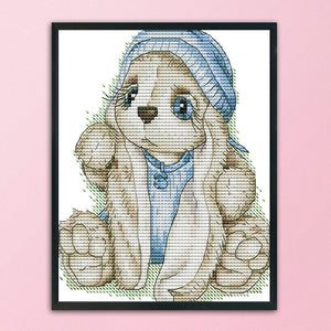 Blue Hat Rabbit 14CT Stamped Cross Stitch Kit 20x17cm(canvas)