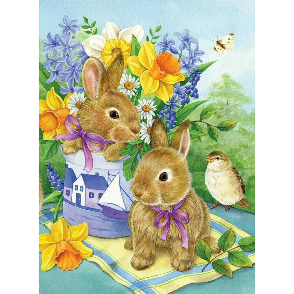 Spring Rabbit Cute Coloring 30x40cm(canvas) Full Round Drill Diamond Painting