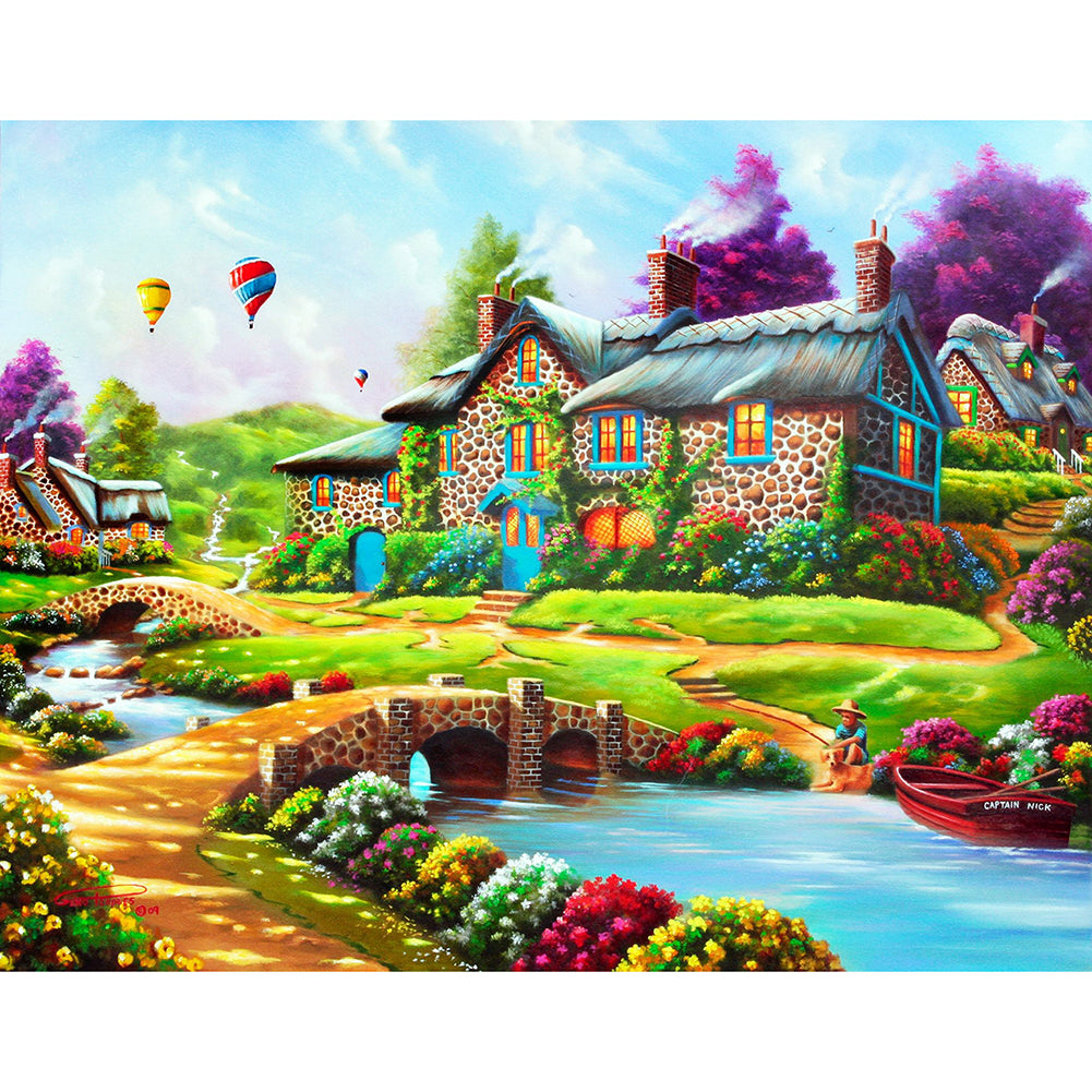 House By Bridge 50x40cm(canvas) Full Round Drill Diamond Painting