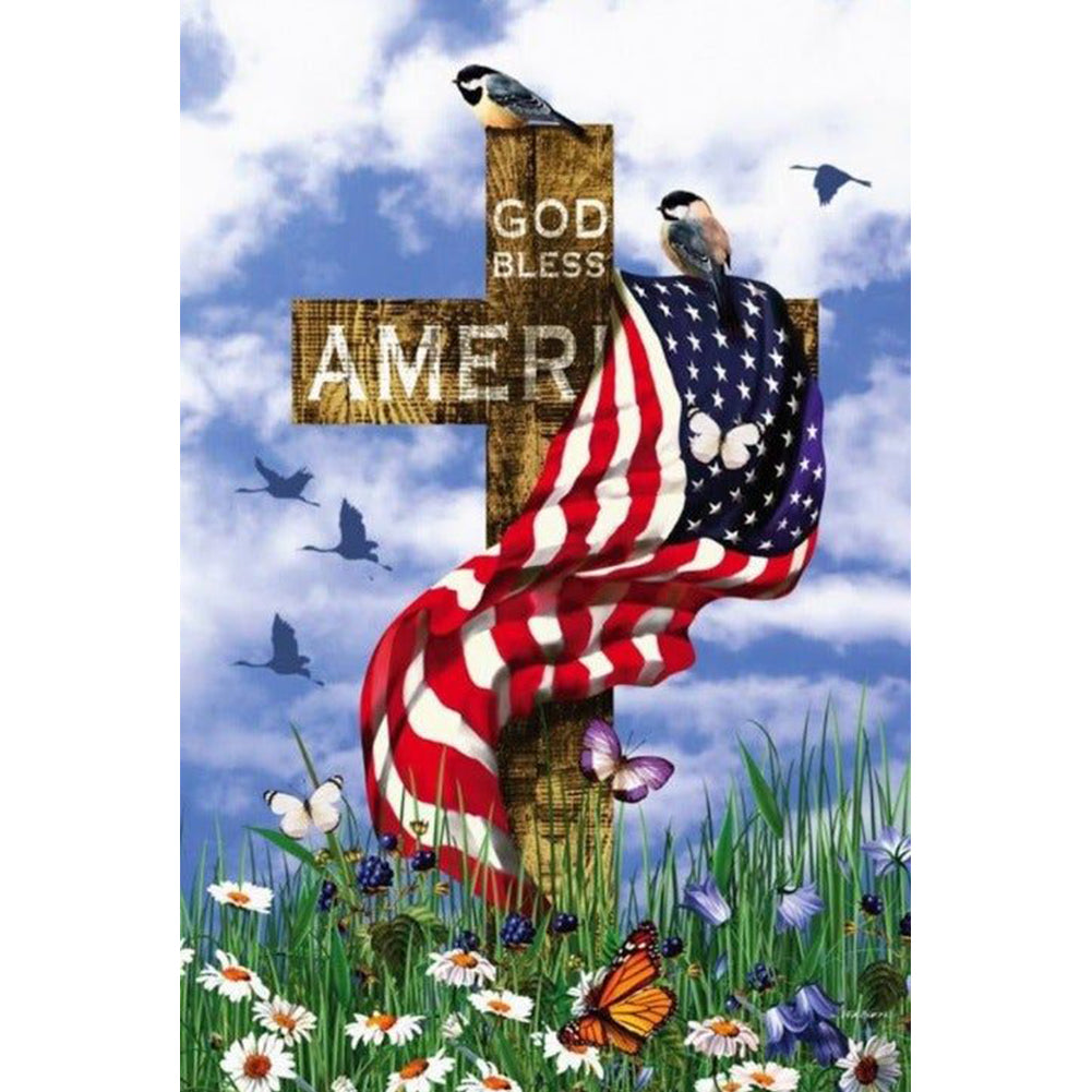 American Flag on Cross 30x40cm(canvas) full round drill diamond painting