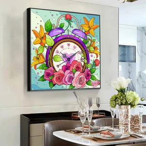 Flower Clock 30x30cm(canvas) partial special shaped drill diamond painting