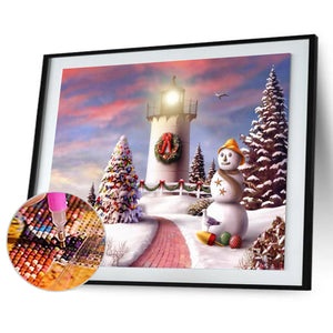 Lighthouse Xmas Tree Snow 40x30cm(canvas) full round drill diamond painting