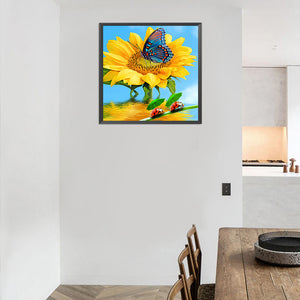 Butterfly And Sunflower 30*30CM (canvas) Full Round Drill Diamond Painting