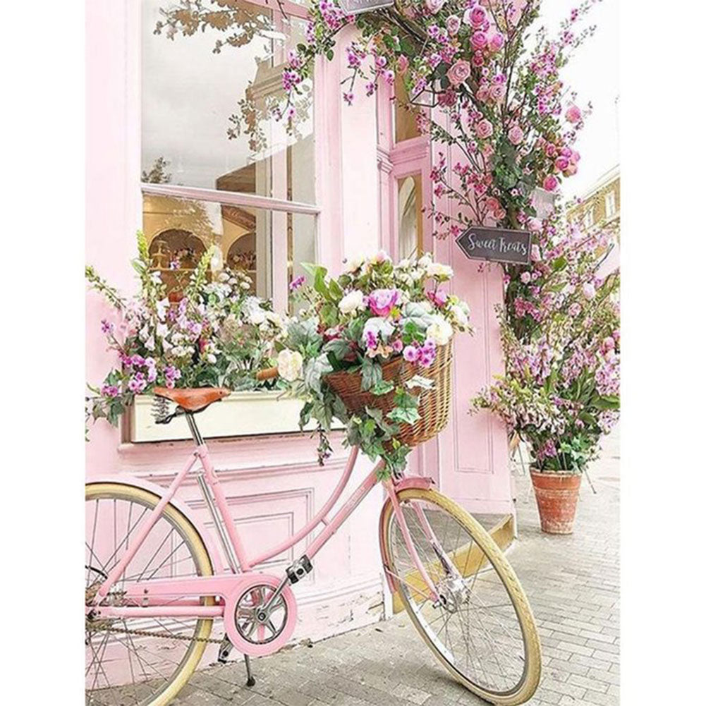 Pink Bicycle By The Window 40x50cm(canvas) Full Round Drill Diamond Painting