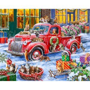 Christmas Red Car And Cats 50x40cm(canvas) Full Round Drill Diamond Painting