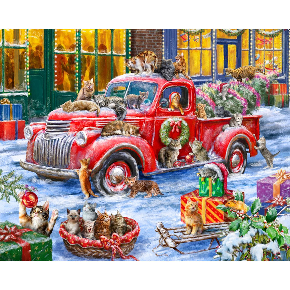 Christmas Red Car And Cats 50x40cm(canvas) Full Round Drill Diamond Painting