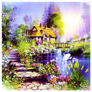 Thomas Kinkade Oil Painting Small Bridge And Flowing Water Family 40*40CM (canvas) Full Square Drill Diamond Painting