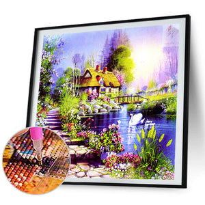 Thomas Kinkade Oil Painting Small Bridge And Flowing Water Family 40*40CM (canvas) Full Square Drill Diamond Painting