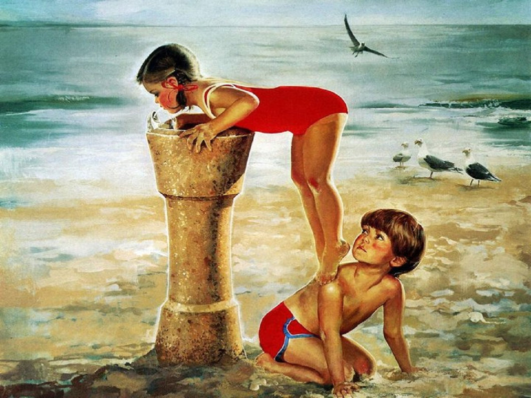 Child Drinking Water On The Beach 40x30cm(canvas) Full Round Drill Diamond Painting