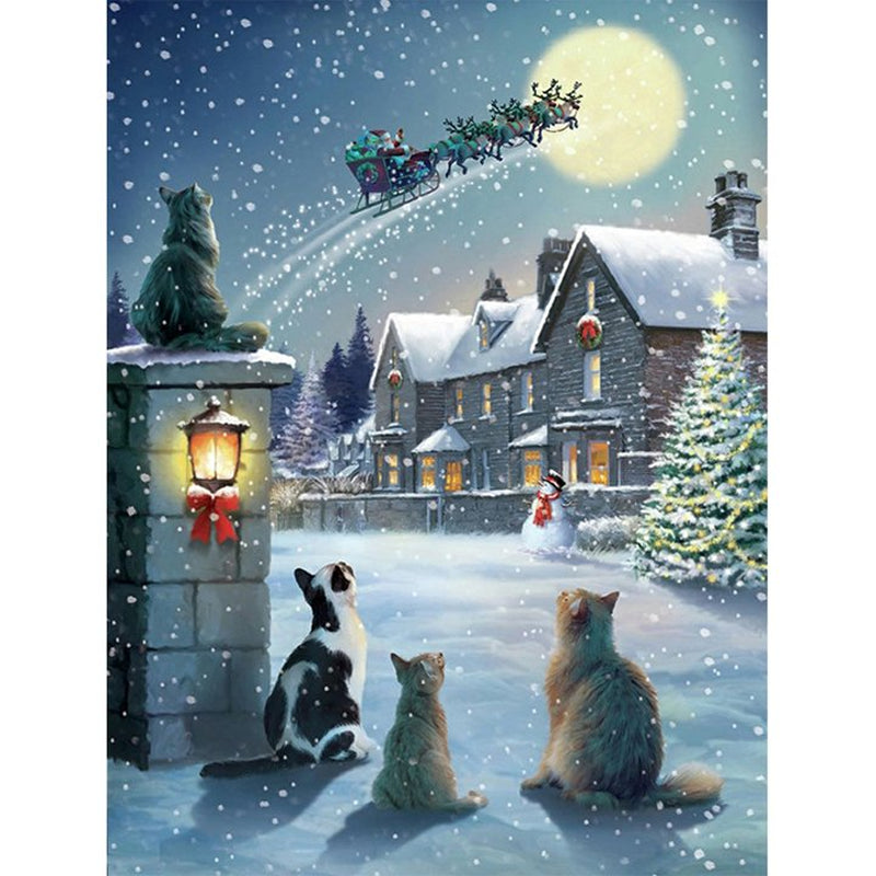 The Cats Look At The Christmas Carriage 30x40cm(canvas) Full Square Drill Diamond Painting