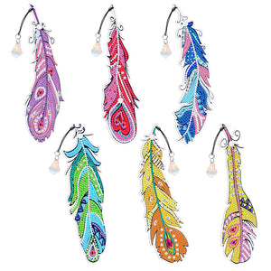 6pcs Crystal Pendant Bookmark Student Gifts 5D DIY Feather Shape for Adults Kids