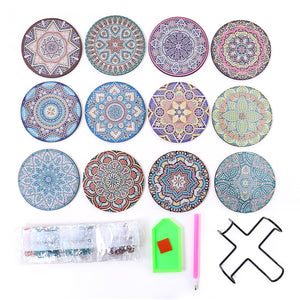 12pcs DIY Coaster Diamond Painting Cup Cushion with Rack Home Decor (AA1132)