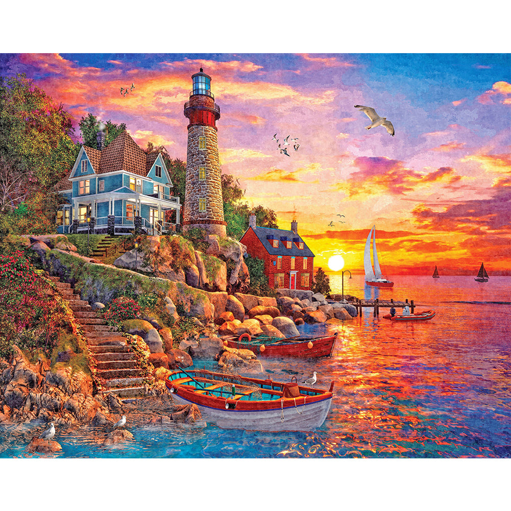 Seaside Pier Lighthouse Sunset 70*50CM (canvas) Full Round Drill Diamond Painting