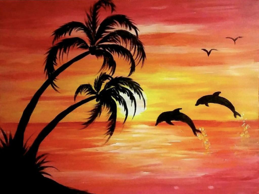 Sunset Landscape At The Beach With Palm Trees 40*30CM (canvas) Full Round Drill Diamond Painting