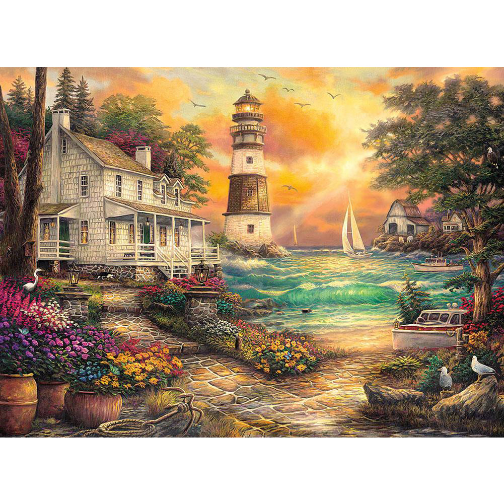 Seaside Lighthouse House 50*40CM (canvas) Full Round Drill Diamond Painting