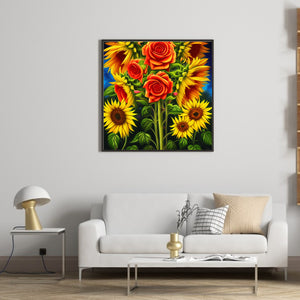 Blooming Roses And Sunflowers 30*30CM (canvas) Full Round Drill Diamond Painting