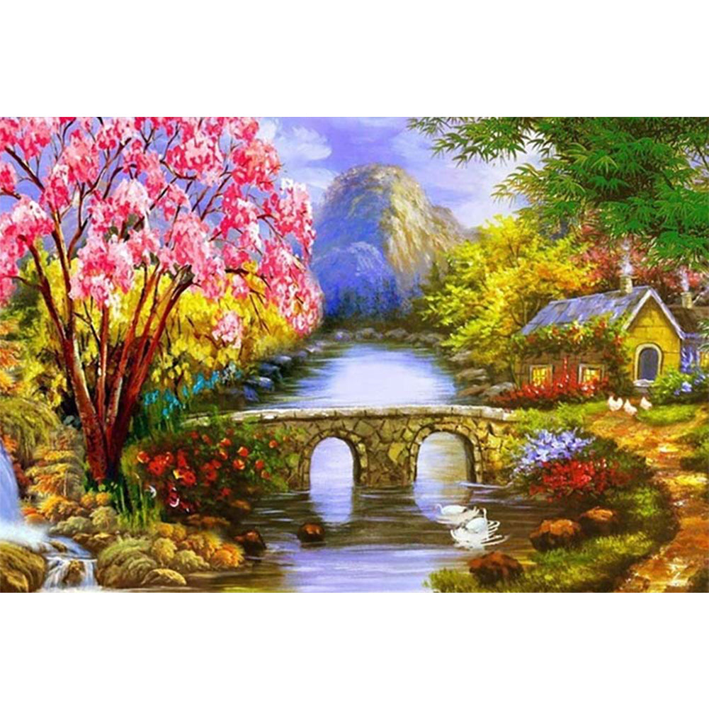 Alpine Small Bridge Flowing Water 40*30CM (canvas) Full Round Drill Diamond Painting