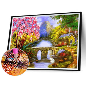 Alpine Small Bridge Flowing Water 40*30CM (canvas) Full Round Drill Diamond Painting