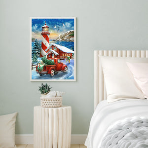 Seaside Lighthouse House Small Red Car 30*40CM (canvas) Full Square Drill Diamond Painting