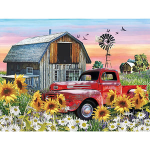 Sunflower Red Vintage Car 40*30CM (canvas) Full Round Drill Diamond Painting