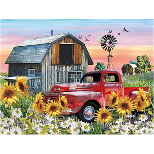 Sunflower Red Vintage Car 40*30CM (canvas) Full Round Drill Diamond Painting