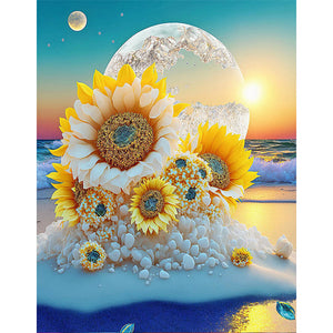 Beach Sunrise Sunflowers 40*50CM (canvas) Full Round Drill Diamond Painting