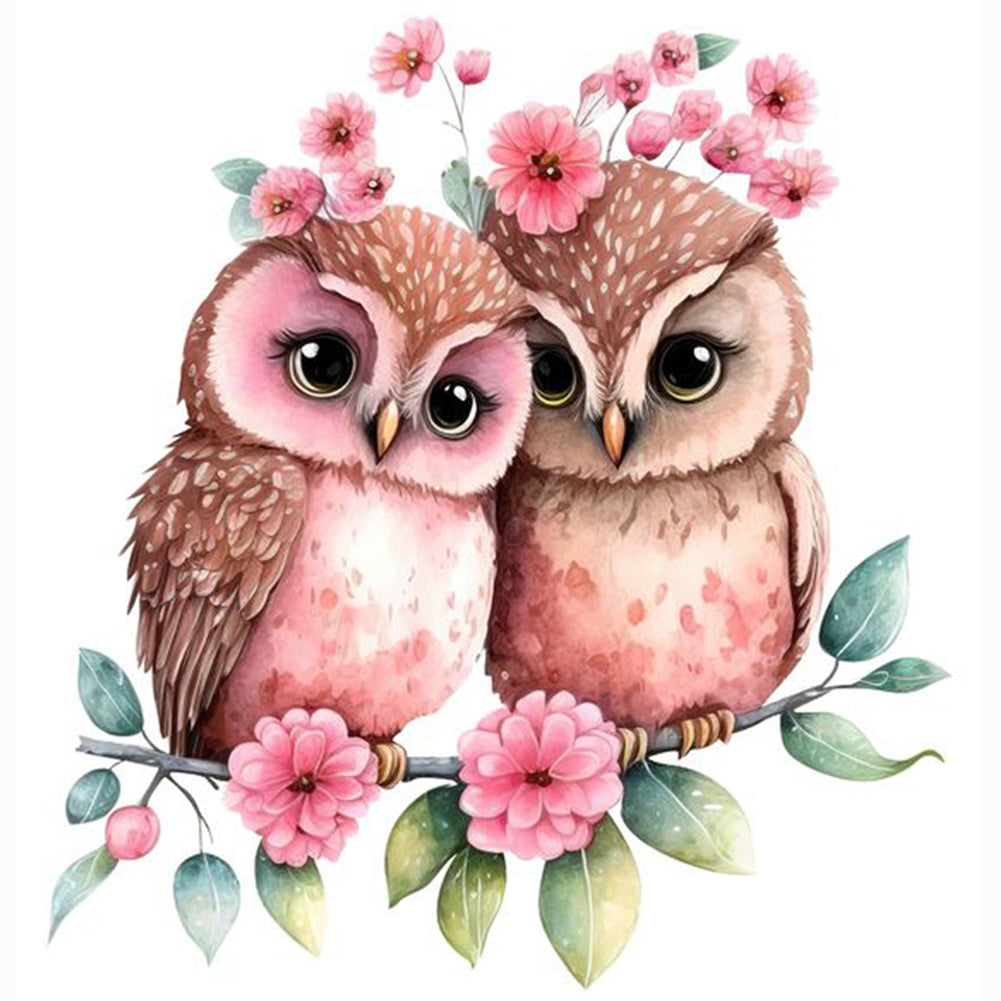 Pink Flower Owl 30*30CM (canvas) Full Round Drill Diamond Painting