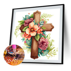 Wooden Flower Cross 30*30CM (canvas) Full Round Drill Diamond Painting