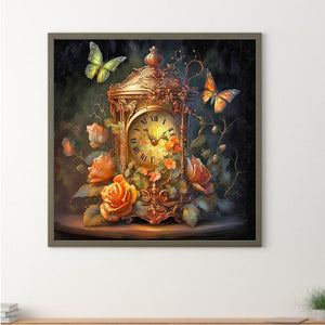 A Clock Surrounded By Flowers And Butterflies In The Dark 30*30CM (canvas) Full Round Drill Diamond Painting