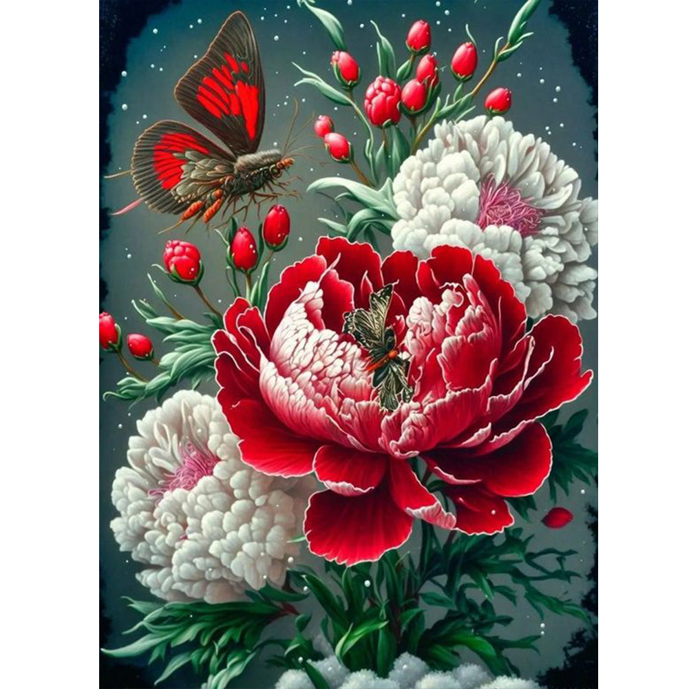 Butterfly Peony 30*40CM (canvas) Full Round Drill Diamond Painting