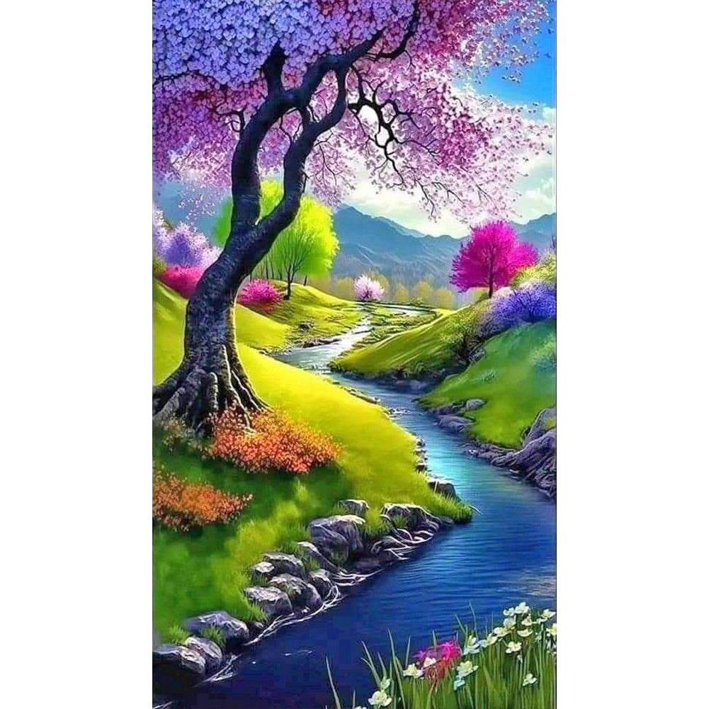 Small Tree In High Mountains And Flowing Water 40*70CM (canvas) Full Round Drill Diamond Painting