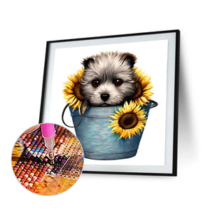 Sunflower Puppy In Iron Bucket 30*30CM (canvas) Full Round Drill Diamond Painting