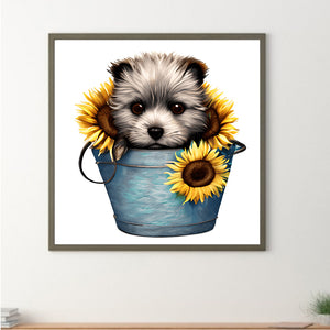 Sunflower Puppy In Iron Bucket 30*30CM (canvas) Full Round Drill Diamond Painting