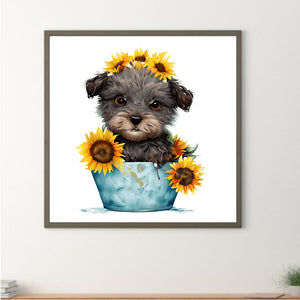 Sunflower Puppy In Iron Bucket 30*30CM (canvas) Full Round Drill Diamond Painting