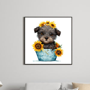 Sunflower Puppy In Iron Bucket 30*30CM (canvas) Full Round Drill Diamond Painting