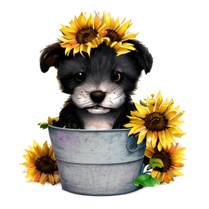 Sunflower Puppy In Iron Bucket 30*30CM (canvas) Full Round Drill Diamond Painting