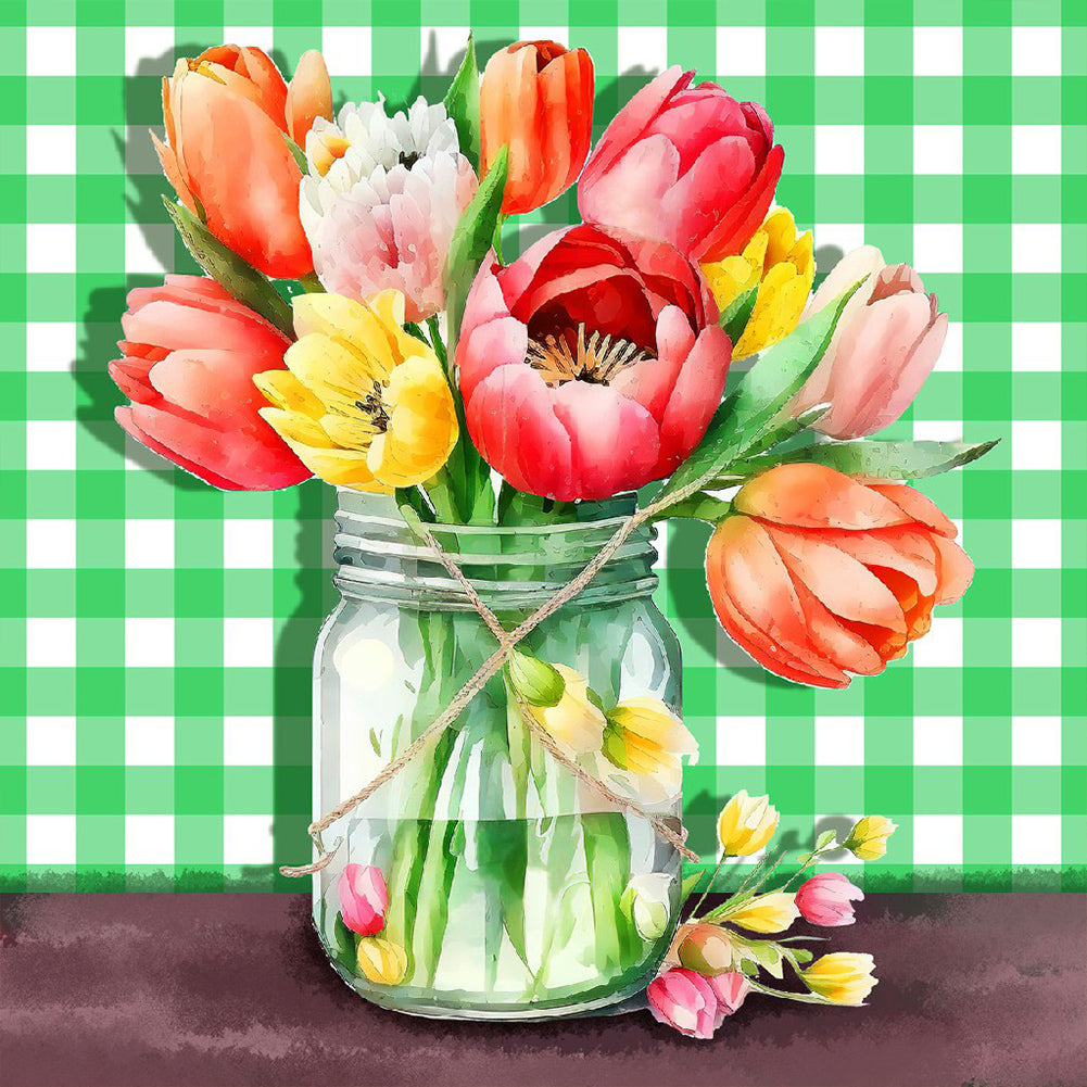 Jar Of Flowers 30*30CM (canvas) Full Round Drill Diamond Painting