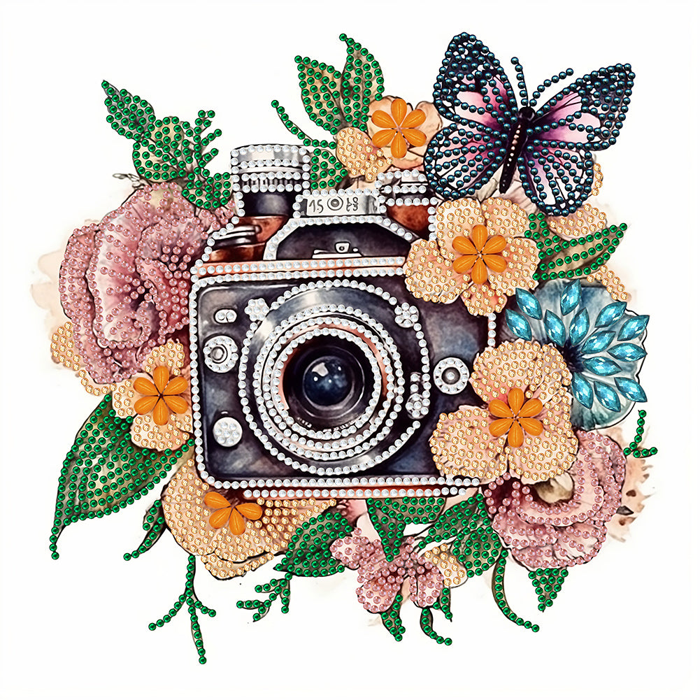 Butterfly Flower Nostalgic Camera 30*30CM (canvas) Partial Special-Shaped Drill Diamond Painting