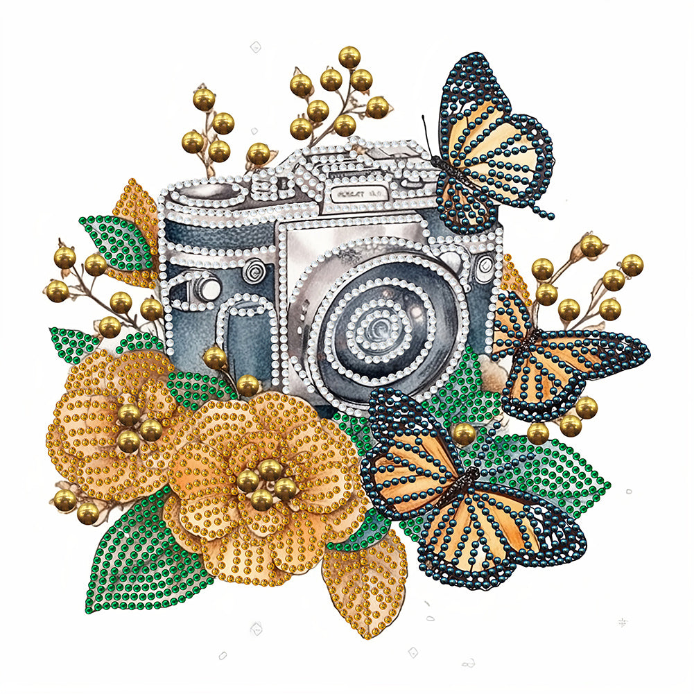 Butterfly Flower Nostalgic Camera 30*30CM (canvas) Partial Special-Shaped Drill Diamond Painting