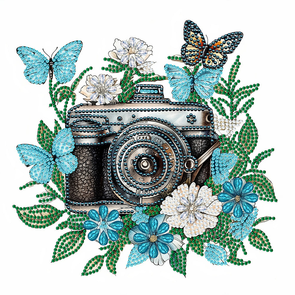 Butterfly Flower Nostalgic Camera 30*30CM (canvas) Partial Special-Shaped Drill Diamond Painting